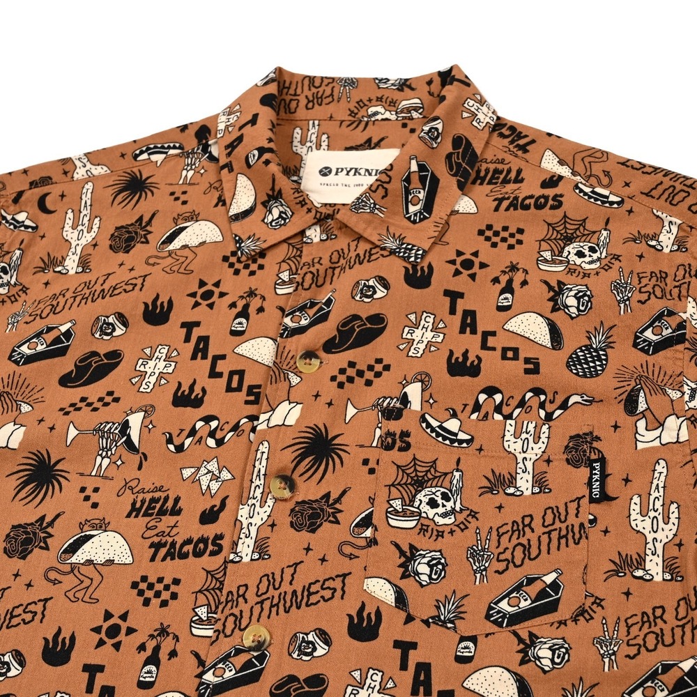 Pyknic‎ Raise Hell Eat Tacos Shirt Mens Medium Casual S/S Button-Up Skulls Beer